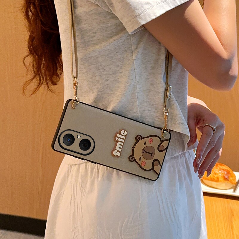 适用于华为畅享80手机壳高级感呆萌水豚蚕丝纹斜挎背带可调节挂绳畅享80可爱卡皮巴拉保护套