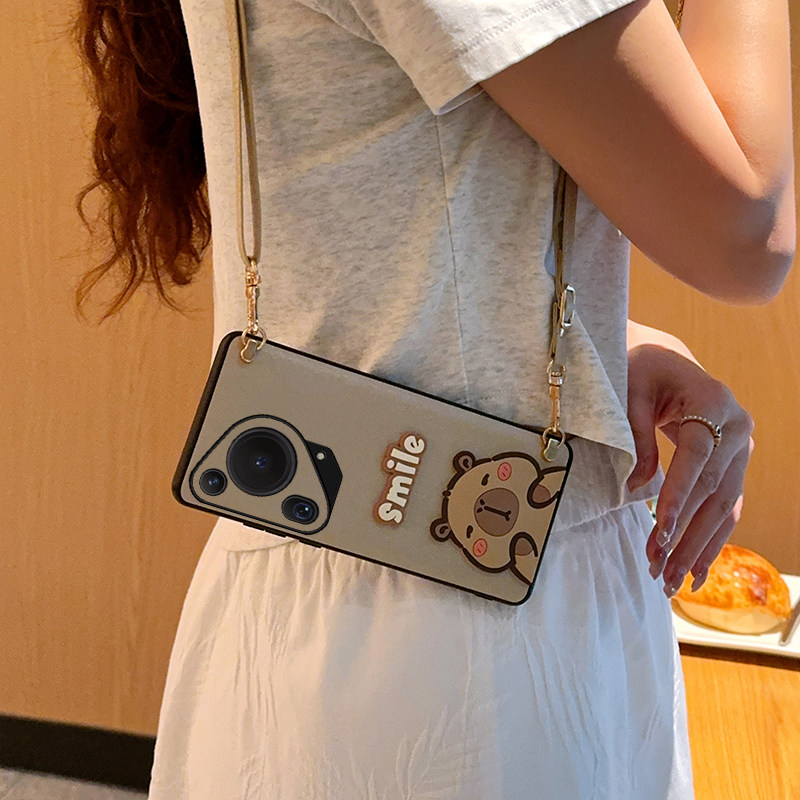 适用于华为Pura70Ultra手机壳高级感立体水豚可爱华为pura70pro+蚕丝纹斜挎背带可调节挂绳pura70硬壳保护套