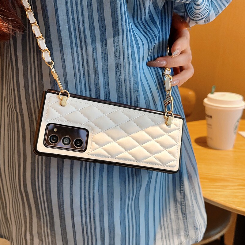 适用于三星ZFold2手机壳新款w21斜挎背带链条zfold3高级感菱格小香风Z Fold4皮质防摔W22/W23外壳zfold6女