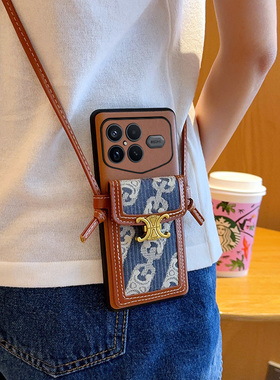 适用于小米REDMI K90ProMax冠军版手机壳高端潮牌仿蓝色布艺棕色新款斜挎背带卡包挂绳k90promax冠军版保护套