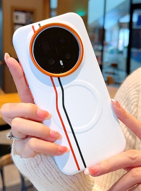 适用于荣耀Magic8Pro手机壳橙色金属镜头荣耀magic8磁吸立体双线荣耀魔术8pro素皮防摔拼接保护套