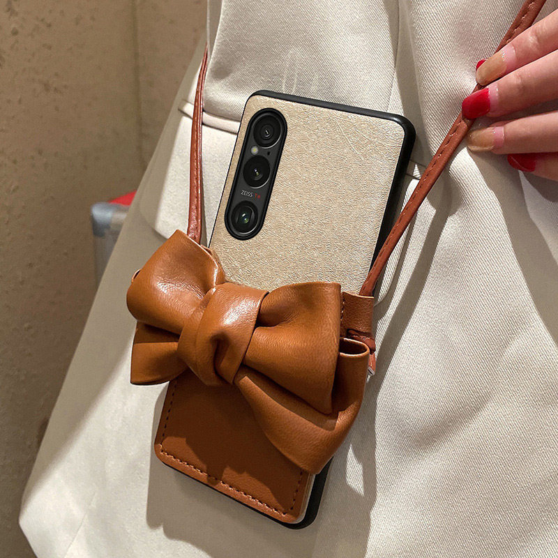 适用于索尼Xperia 1 Vi手机壳高级感索尼Xperia 10vi棕色蝴蝶结卡包零钱索尼10vi斜挎背带链蚕丝纹硬壳女奢华