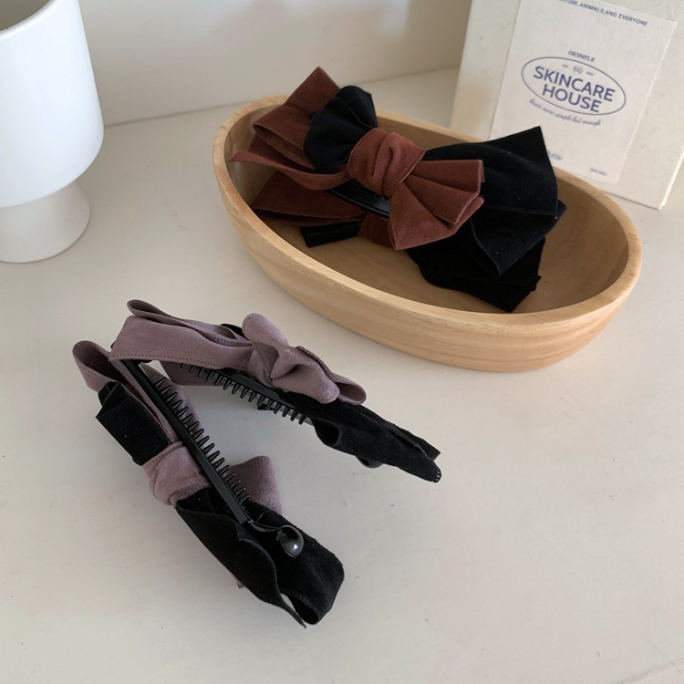 撞色麂皮绒蝴蝶结香蕉夹女气质百搭马尾发夹竖夹新款后脑勺一字夹