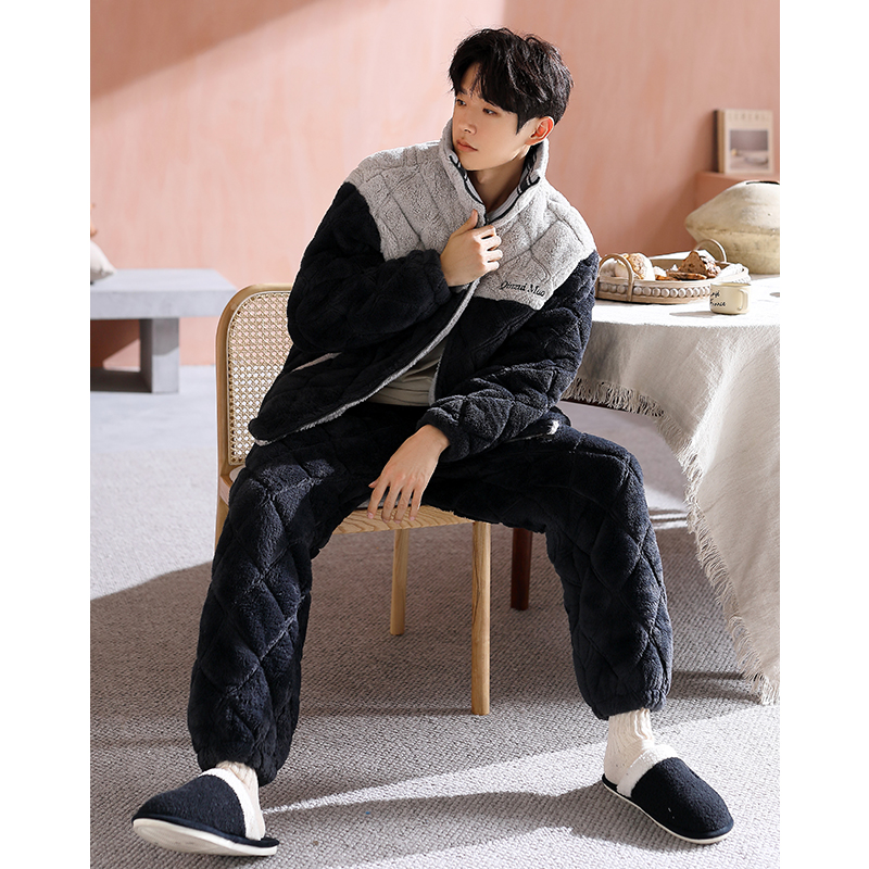 男士睡衣冬三层加厚夹棉休闲大码