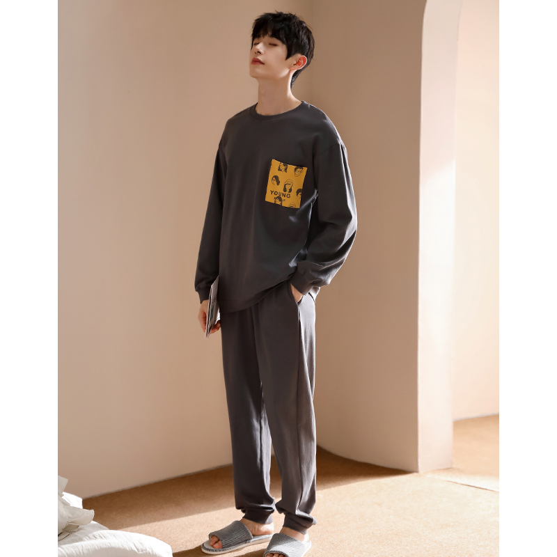 秋天男士睡衣纯棉长袖四季春秋款简约休闲套头可外穿家居服套装夏