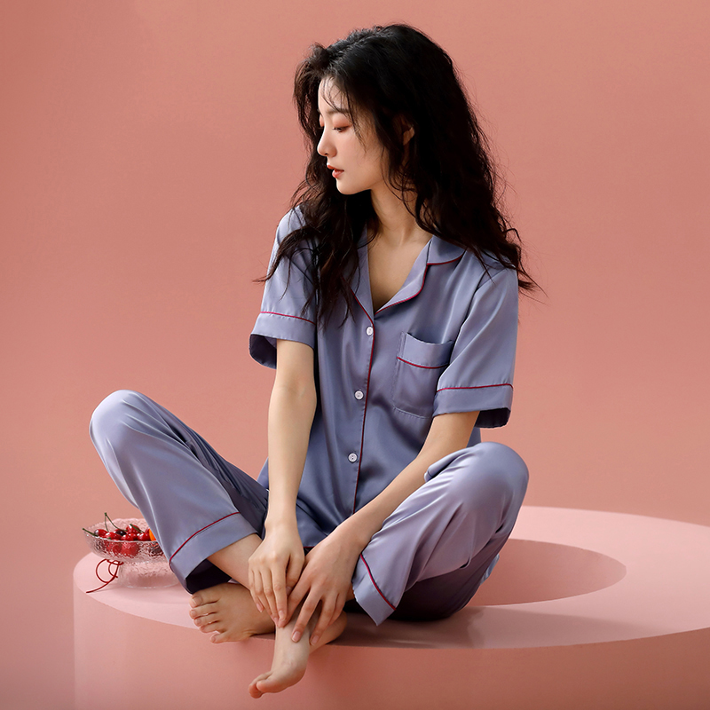 凉感冰丝女士睡衣夏季短袖长裤简约开衫高级感仿真丝绸家居服套装