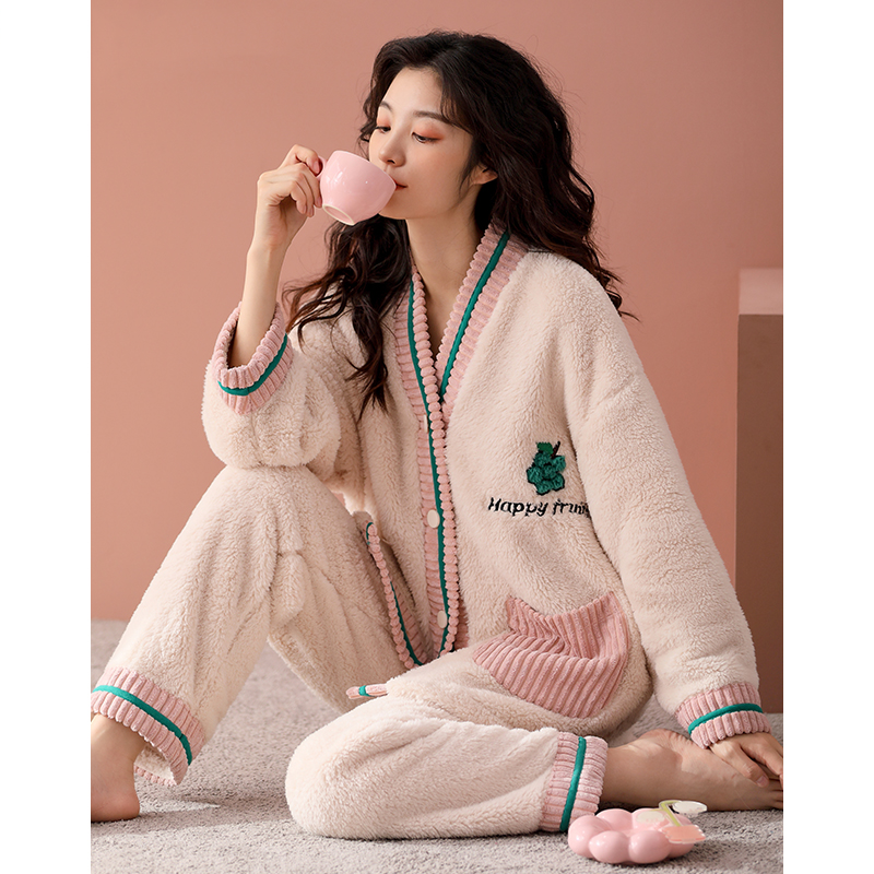 珊瑚绒睡衣女冬加厚宽松甜美开衫