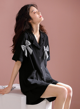 睡衣女夏款纯棉短袖短裤高级感家居服夏季时尚开衫黑色可外穿套装