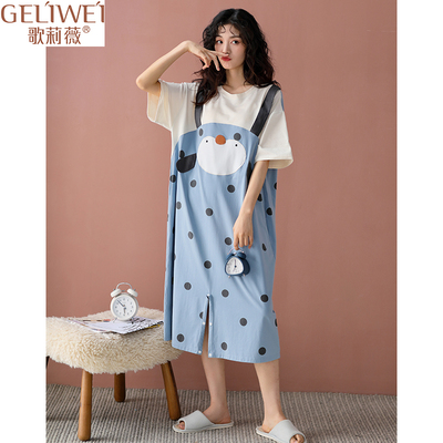 凉感睡衣连体少女生夏季薄款纯棉短袖宽松孕妇可爱卡通睡裙家居服