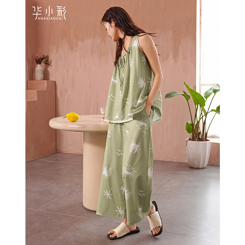 睡衣女夏季凉感纯棉套头宽松无袖背心九分裤家居服夏天可外穿套装