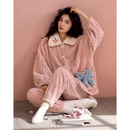 珊瑚绒睡衣少女秋冬季加厚加绒甜美可爱公主风粉色家居服长款睡袍