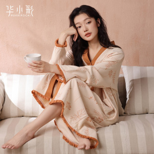 春秋季 长款 纯棉长袖 孕妇开衫 睡衣 精致居家服大码 女士睡裙2025新款