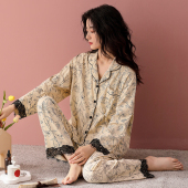 睡衣春秋季 高级感家居服套装 春装 气质甜美蕾丝开衫 夏 纯棉长袖 女款