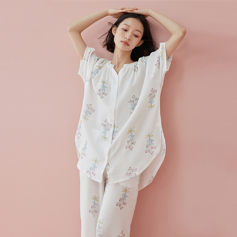 睡衣女夏纯棉纱布高级感时尚白色