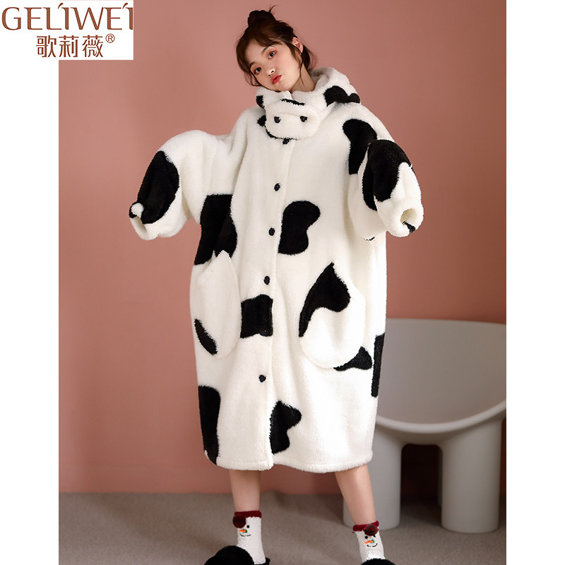 可爱奶牛睡衣女秋冬季珊瑚绒睡袍裙长款加厚法兰绒家居服冬天浴袍