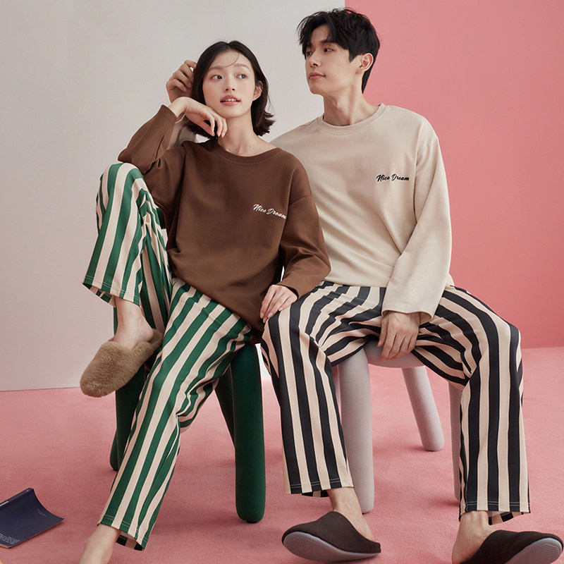 情侣睡衣春秋款2025新款纯棉长袖女休闲套头条纹日系家居服男套装,女士内衣/男士内衣/家居服,睡衣/家居服套装,淘宝优惠券,粉丝福利购,淘宝优惠卷