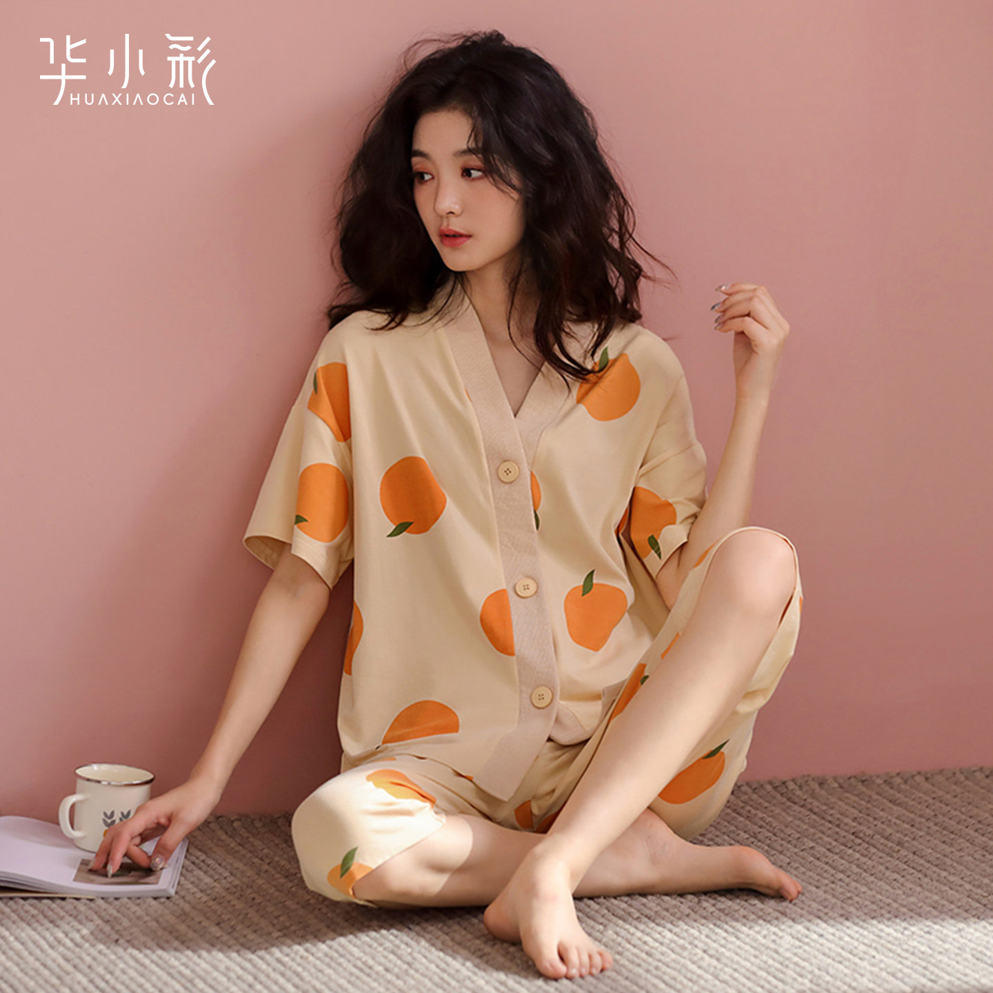 睡衣女夏天薄款纯棉短袖七分裤开衫无领家居服带胸垫甜美两件套装