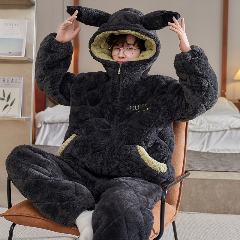 三层夹棉加厚加绒珊瑚绒家居服男