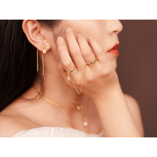 可调节花朵锆石戒指指环链条套戒 一体式 原创设计chic连体式