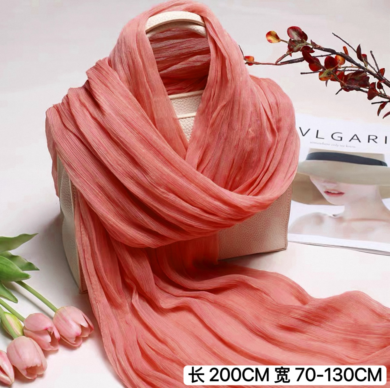 2025冬褶皱真丝围巾丝巾黑色女百搭薄款纯色顺纡绉桑蚕丝长款披肩