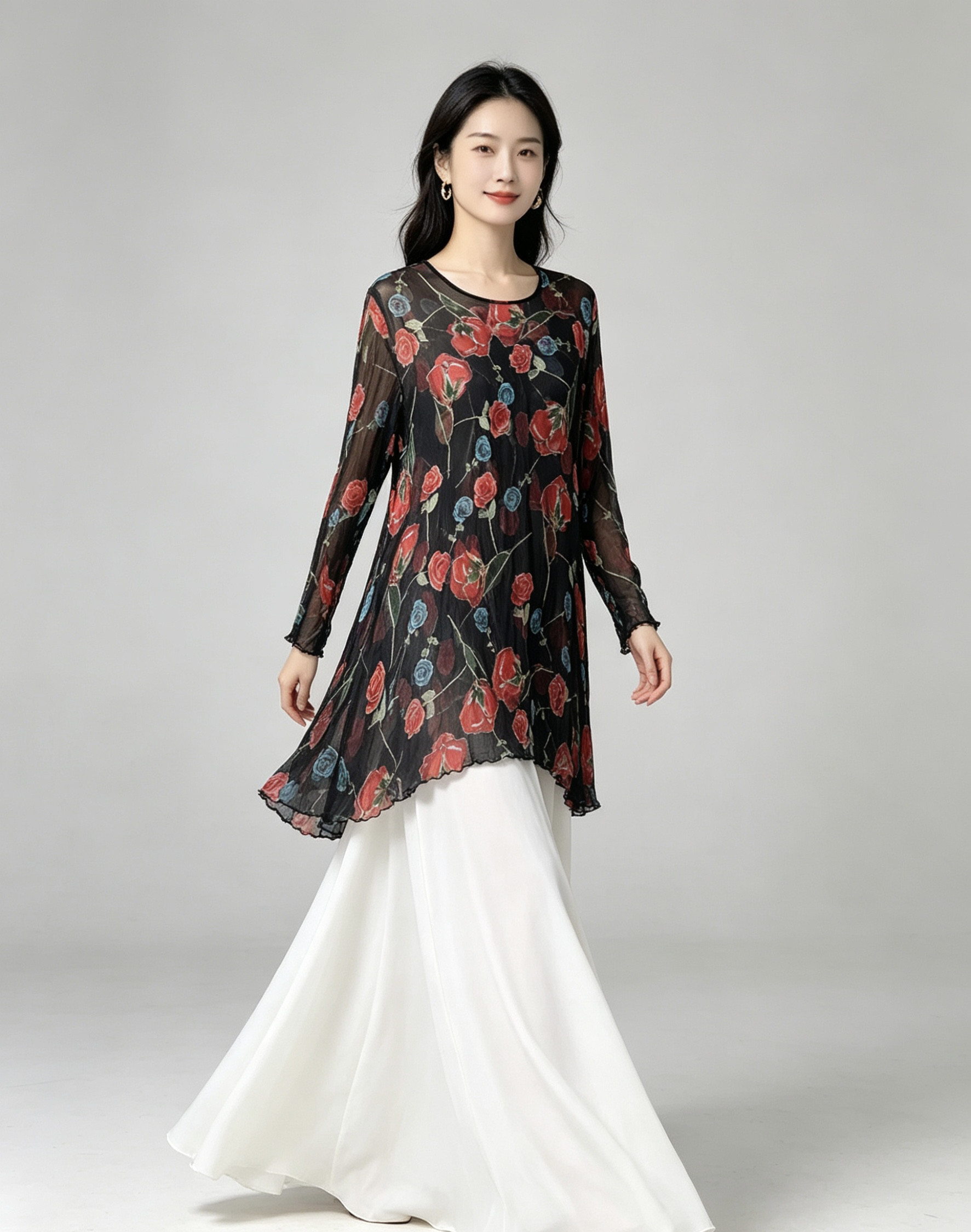 2026夏季真丝顺纡印花上衣圆领套头宽松大码女装度假长袖花衬衫