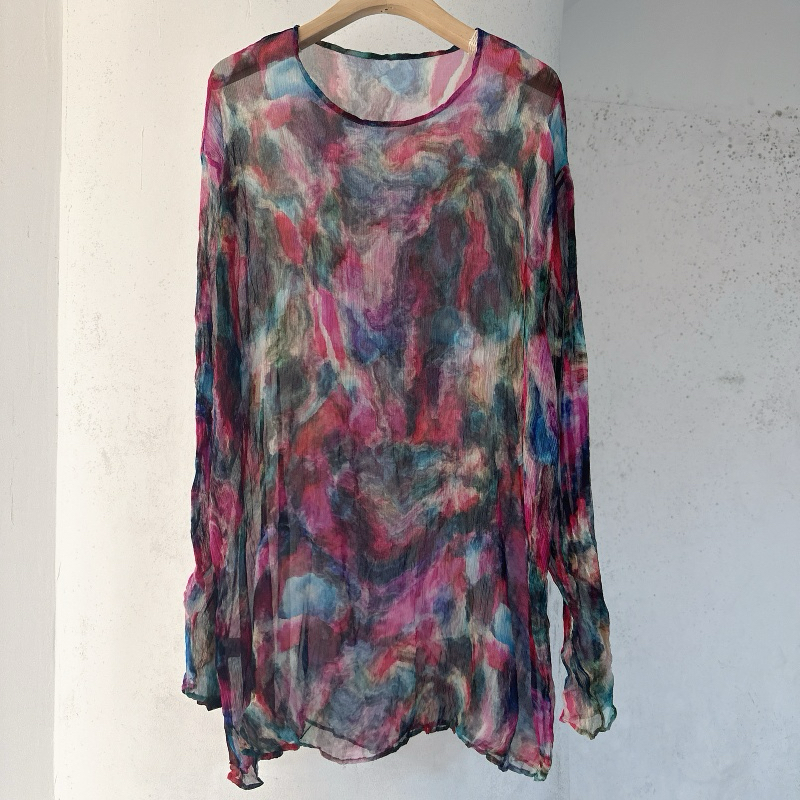 2025夏季新款大码女装印花真丝顺纡套头上衣100%桑蚕丝套头罩衫