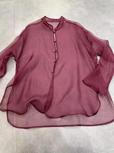 2025夏季真丝开衫欧根纱衬衫外搭100%桑蚕丝国风钉扣设计衬衫外套