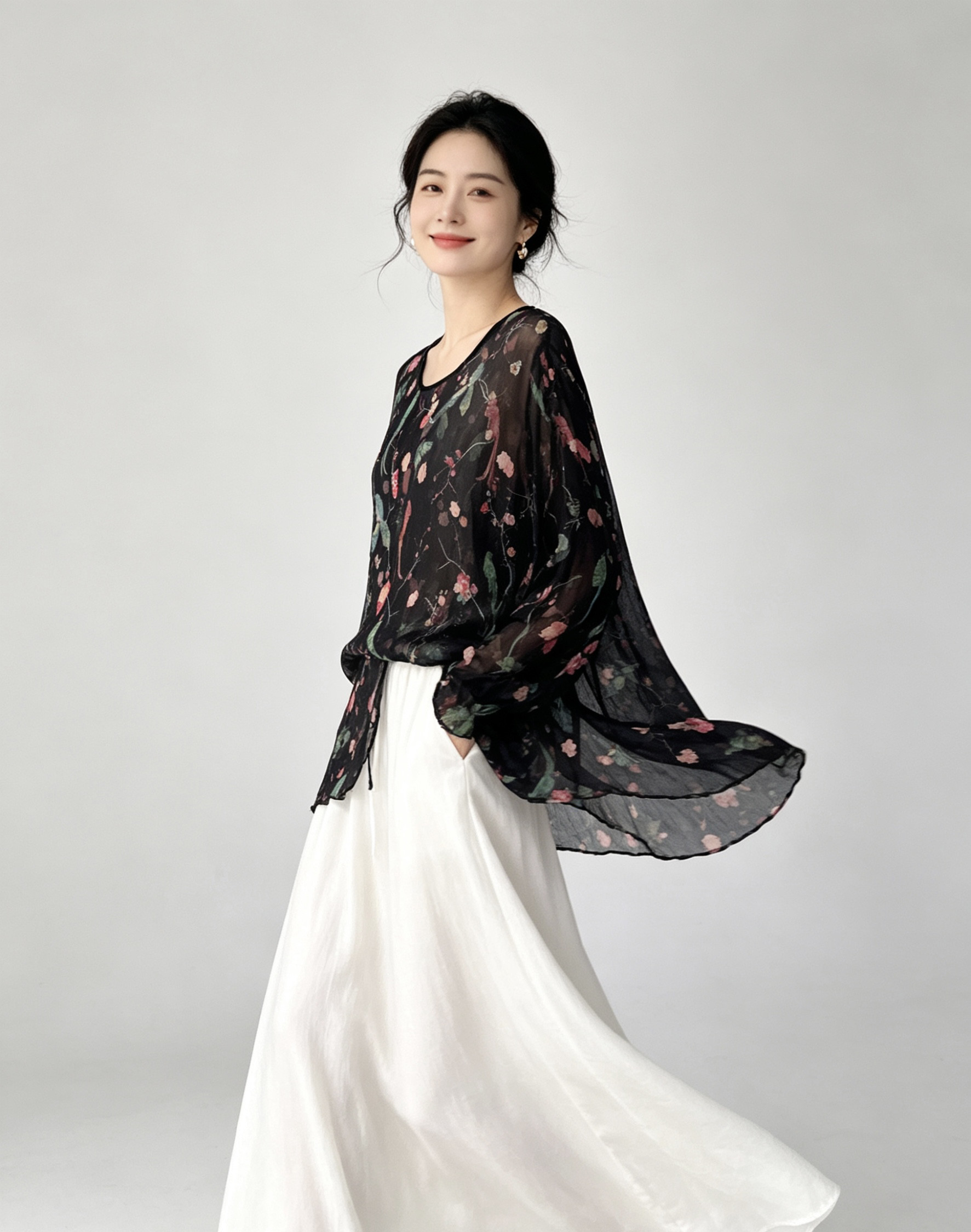 2026夏新款真丝印花上衣圆领套头宽松大码女装度假长袖桑蚕丝衬衫