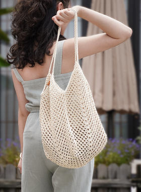 镂空夏日网格包手工编织diy钩针有机空心棉线华夫格包沙滩材料包
