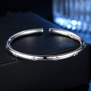 正品 生日礼 四叶草银手镯女纯银9999足银实心手环开口银镯子年轻款