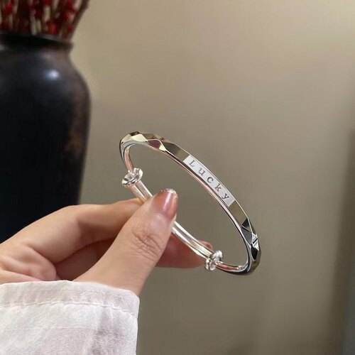 正品9999纯银手镯幸运女孩lucky足银实心手环女友情人节生日礼物