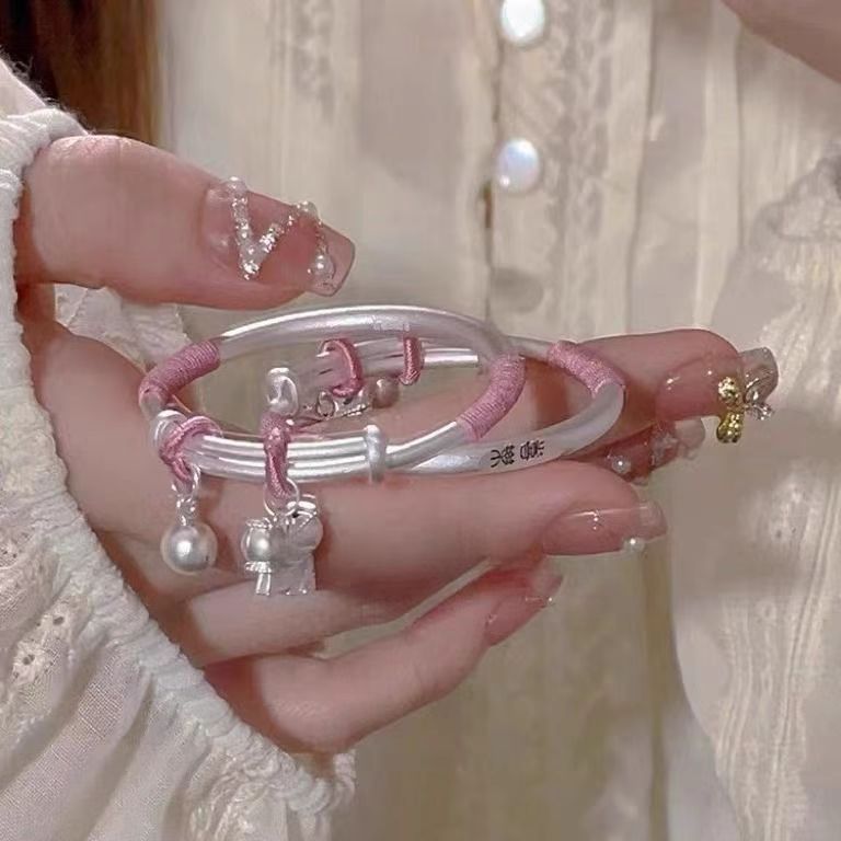 宝宝古法纯银手镯9999足银平安喜乐蝴蝶结兔子铃铛手镯满月周岁礼