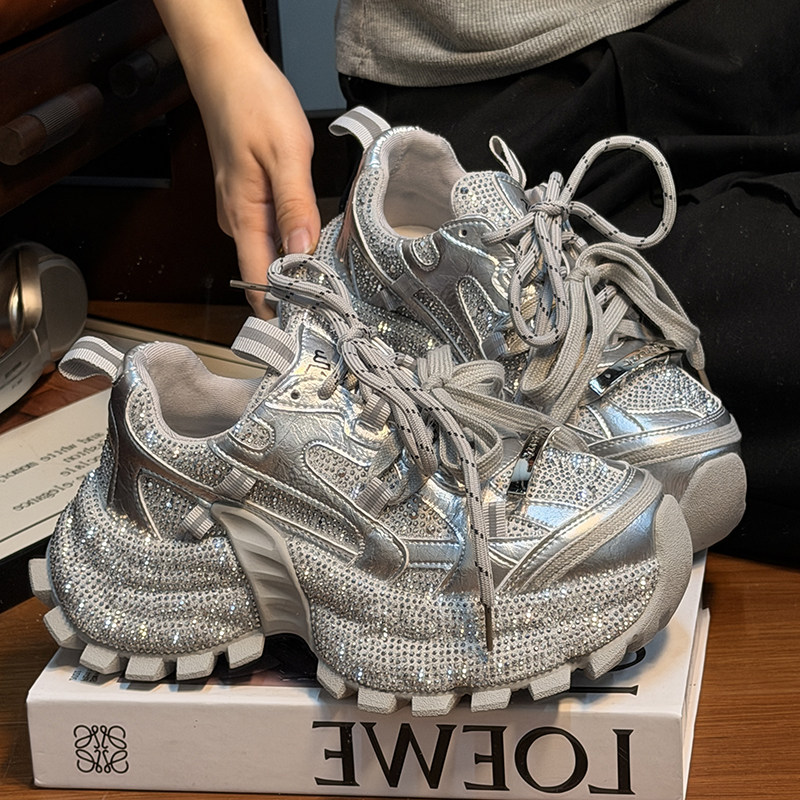 欧货水钻满钻绑带厚底老爹鞋女2025新款时尚双鞋带增高休闲运动鞋
