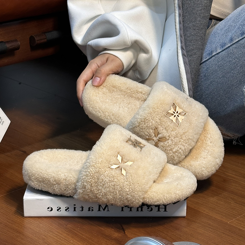 羊羔毛真皮金属厚底毛毛拖鞋女