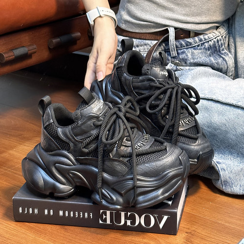 真皮做旧绑带松糕厚底老爹鞋女