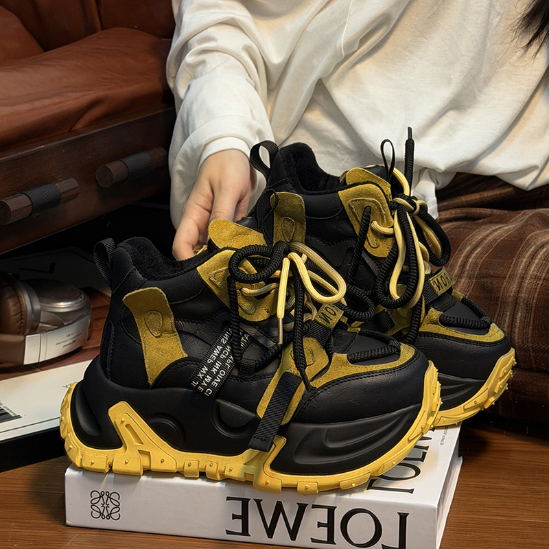 磨砂真皮复古加绒系带厚底老爹鞋