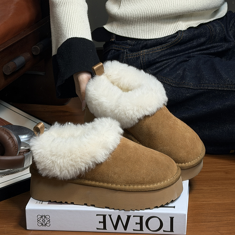 羊羔毛真皮大头松糕厚底毛毛拖鞋
