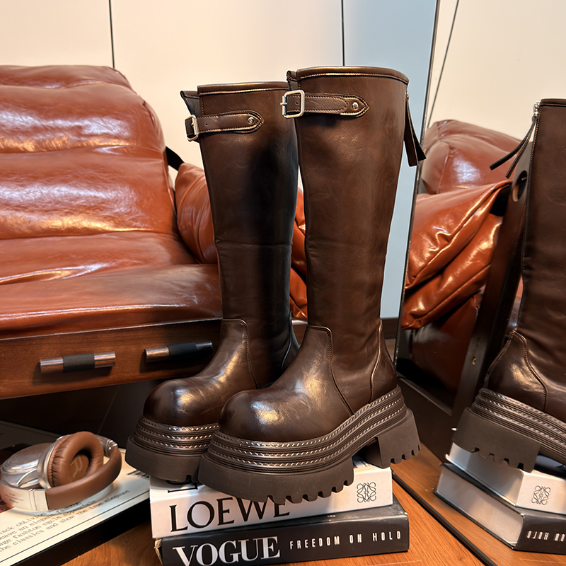 欧货真皮厚底马丁靴女加绒骑士靴