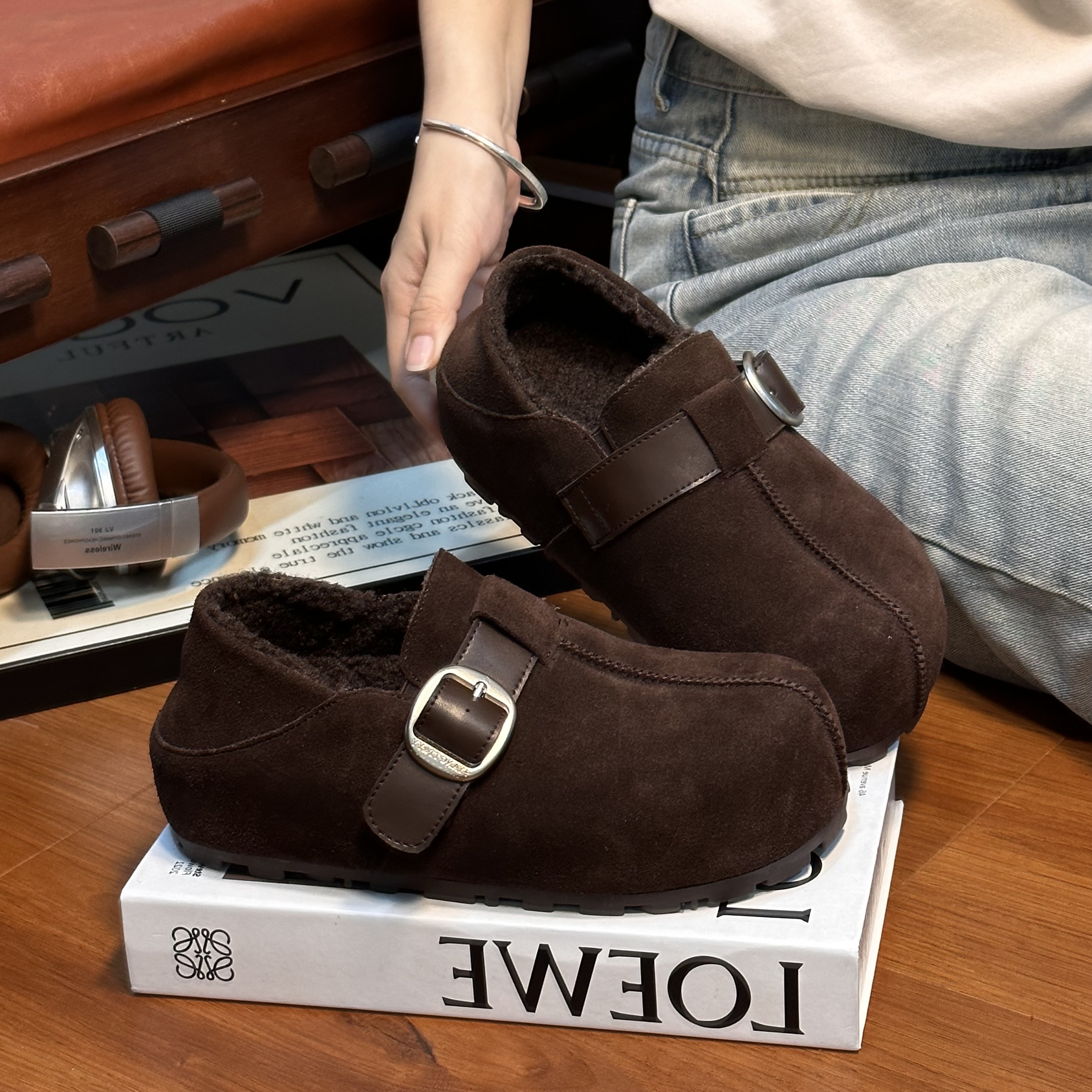 磨砂真皮厚底复古勃肯鞋女