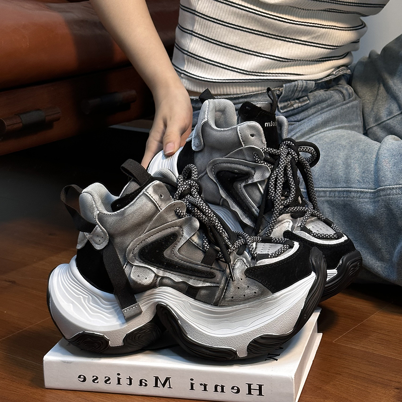 复古真皮厚底增高休闲运动鞋