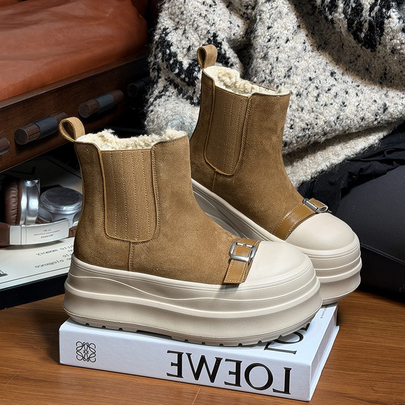 磨砂真皮大头厚底松糕马丁靴女