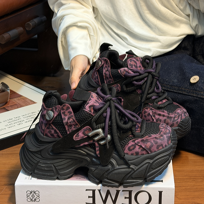 豹纹真皮系带松糕厚底老爹鞋女