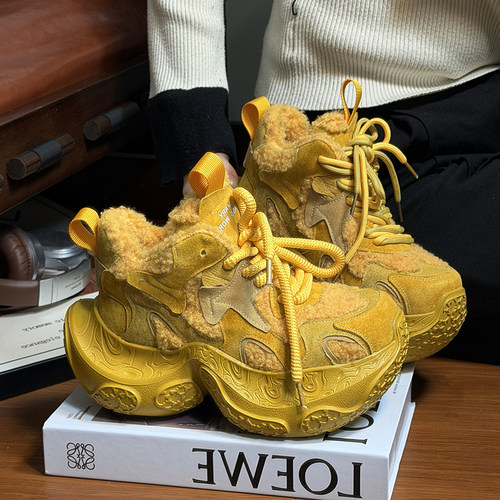 磨砂真皮毛毛加绒厚底老爹鞋女