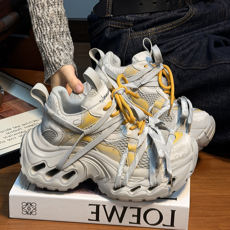 真皮擦色做旧系带松糕厚底老爹鞋