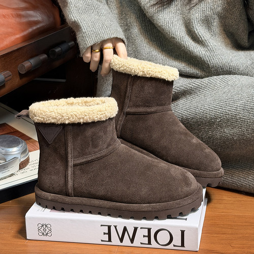 磨砂真牛皮大头加绒保暖雪地靴女