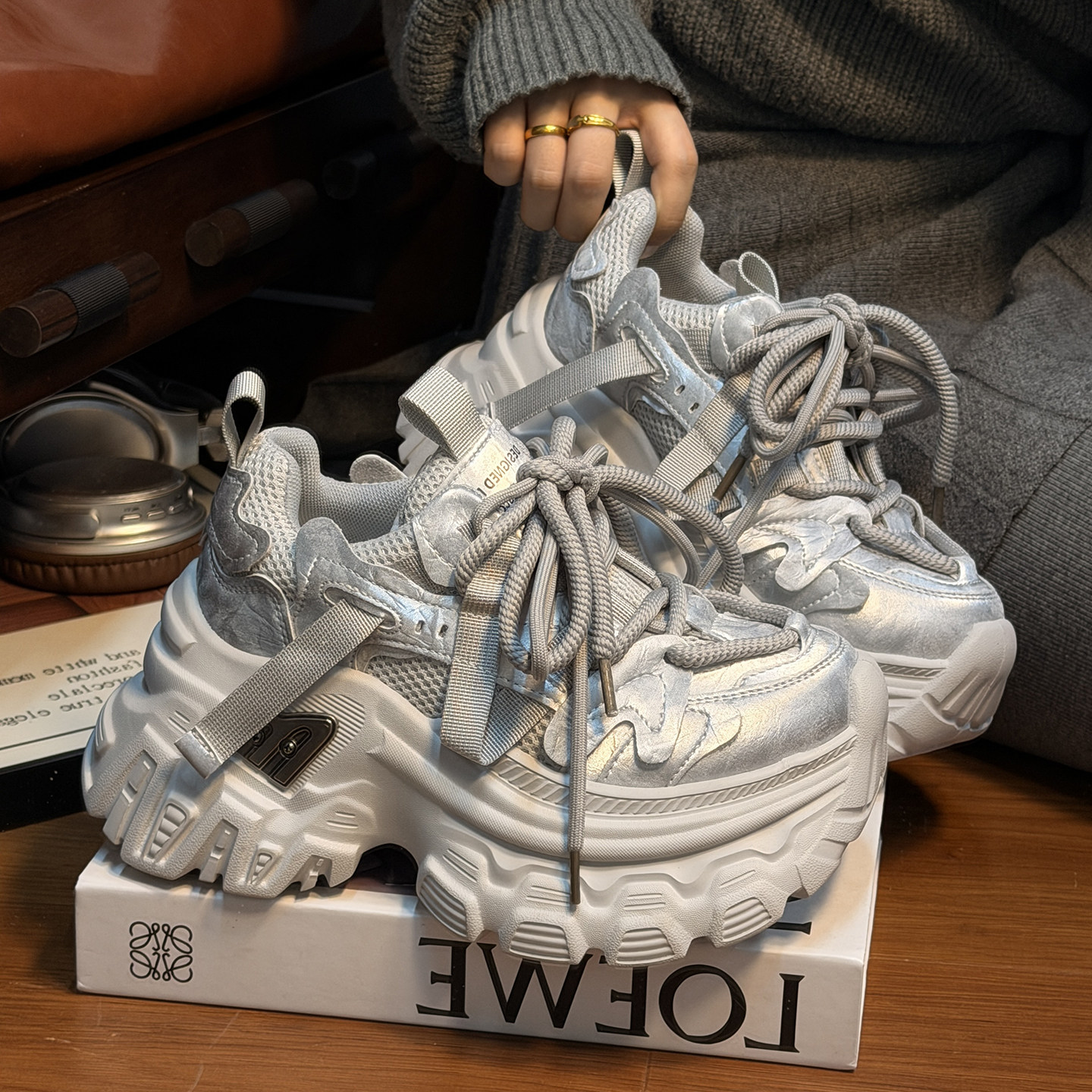 欧货真皮系带松糕厚底老爹鞋女2025新款百搭小个子增高休闲运动鞋,女鞋,老爹鞋,淘宝优惠券,粉丝福利购,淘宝优惠卷