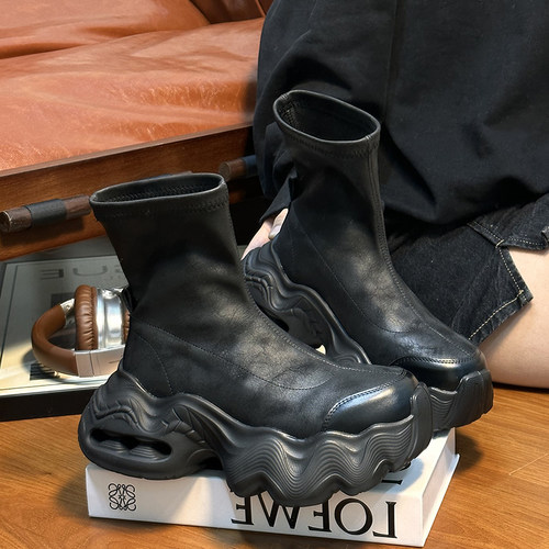 欧货弹力皮松糕厚底马丁靴休闲靴