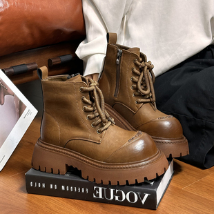 新款 复古真皮马丁靴女2025秋季 英伦风擦色厚底短靴大黄靴机车靴子