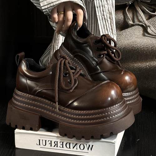 欧货真皮系带厚底增高乐福鞋女