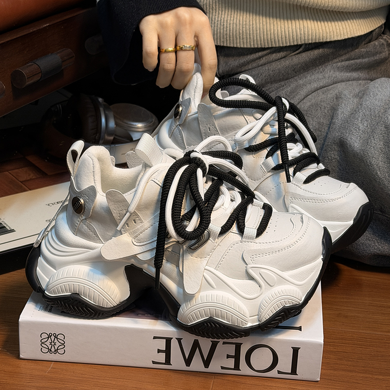 欧货真皮系带松糕厚底老爹鞋女